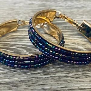 Blue Bead 1 3/4" Hoop Earrings NEW